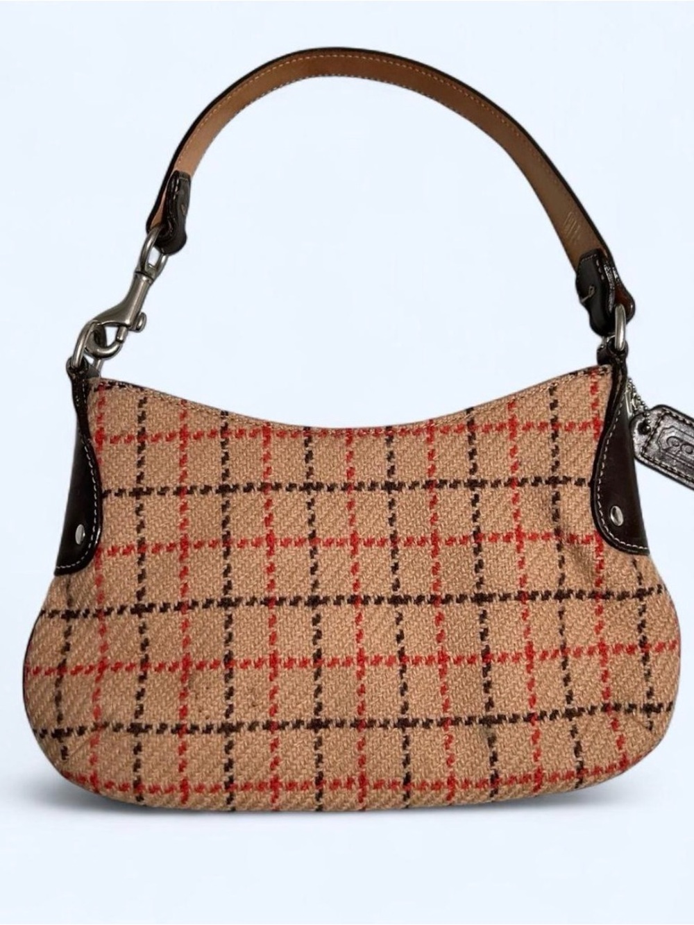 Vintage Coach Tattersall Plaid Wool Baguette Shoulder Bag Brown